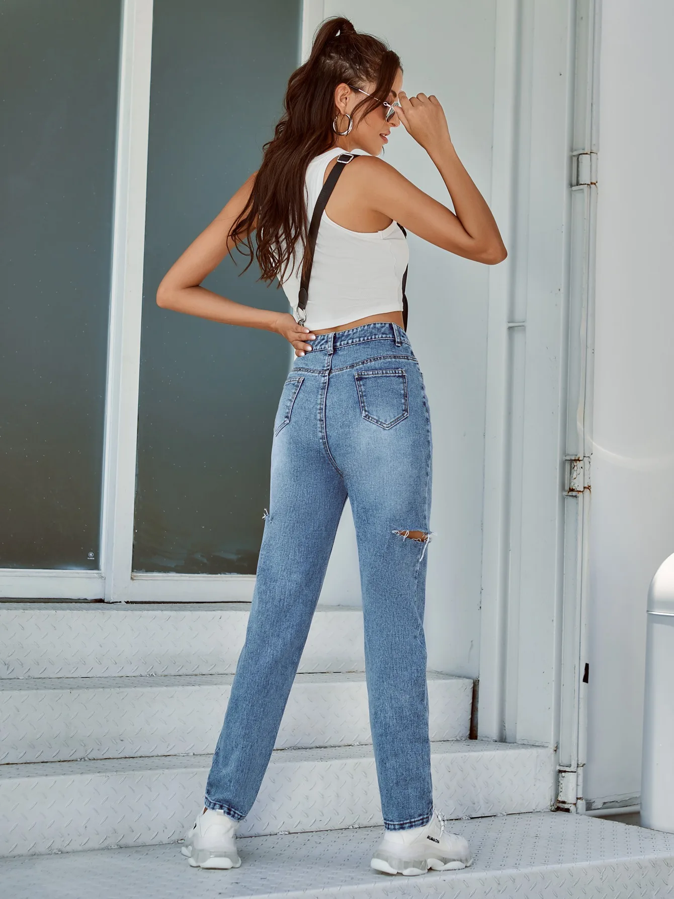 

2020 New Arrival Summer Style Female Fashion Sexy Summer Side Hole Blue Solid High Waist Hot Night Club Denim Stright Pants