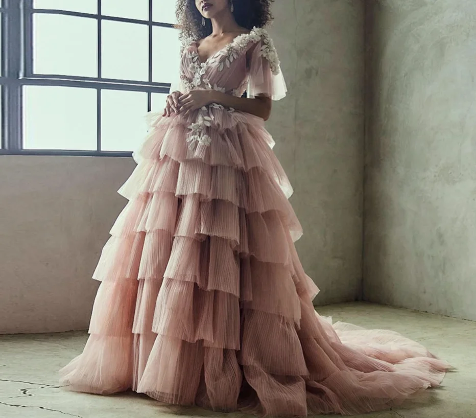 

Элегантное многослойное Тюлевое платье для фотосъемки 2022 Модные платья с аппликацией трапециевидного силуэта для сада вечерние женские дл...