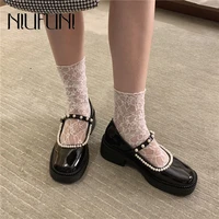niufuni new ladies leather shoes pearl beaded buckle mary jane platform pumps women shoes hollow females student casual sandals