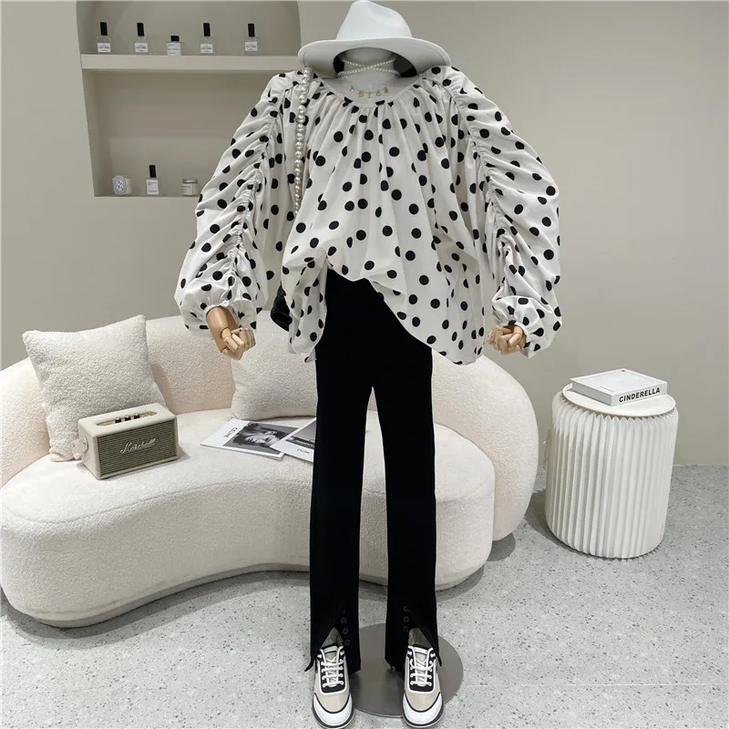 

Women's Spring Summer 2021 Fashion Long sleeve Polka Dot Shirt Drawstring Design the back lace up versatile retro top