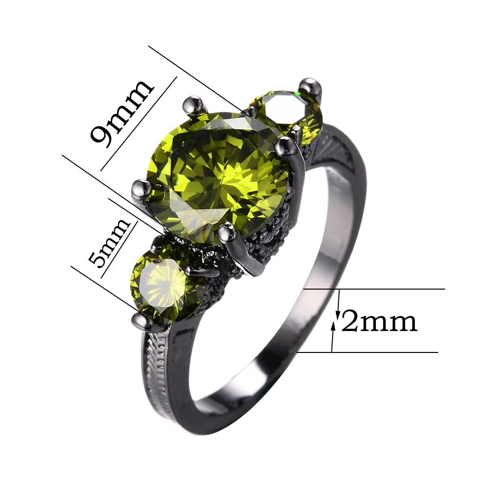 

Luxury Female Olive Green Crystal Stone Jewelry Charm 14KT Black Gold Wedding Rings For Women Cute Round Zircon Engagement Ring