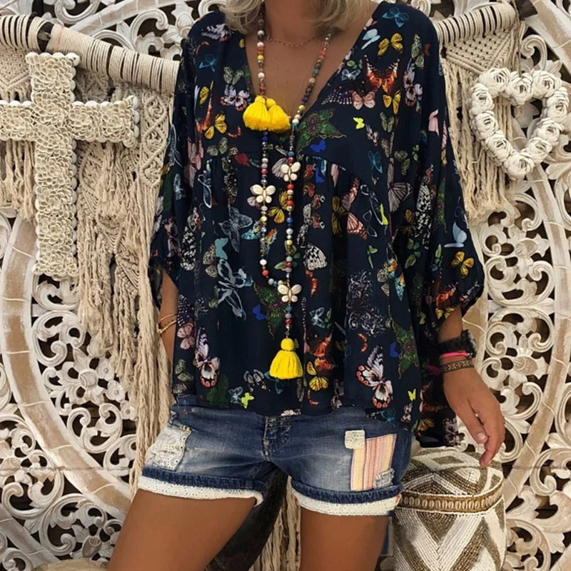 Женская блузка с бабочками Boho Повседневная рубашка длинным рукавом и v-образным