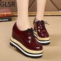 new women shoes patent leather lace up thick heel increased flat platform oxford shoes woman loafers solid black casual shoes