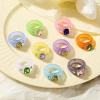 2021 new fashion resin transparent acrylic rhinestone colourful irregular square rings set for women jewelry party