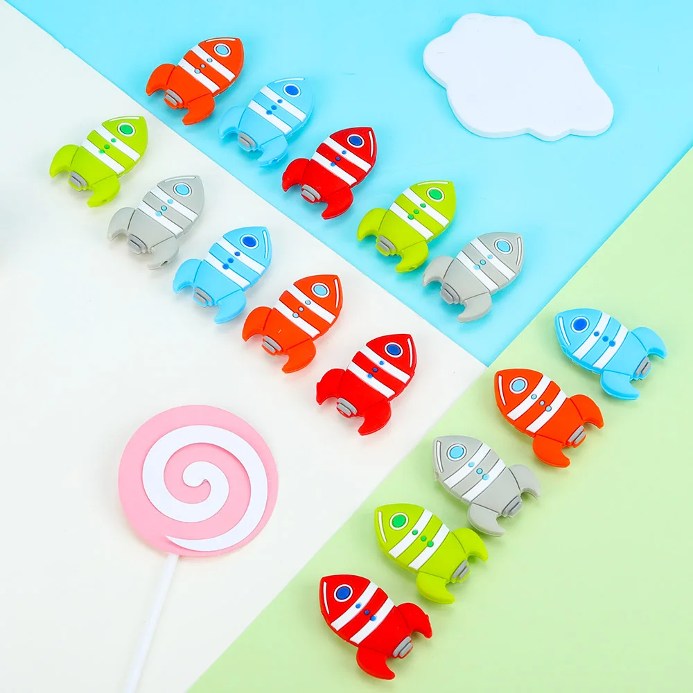 

Sunrony 10Pcs Mini Rocket Cartoon Silicone Beads Food Grade Pendants DIY Pacifier Chain Necklace Accessories Baby Molar Toys