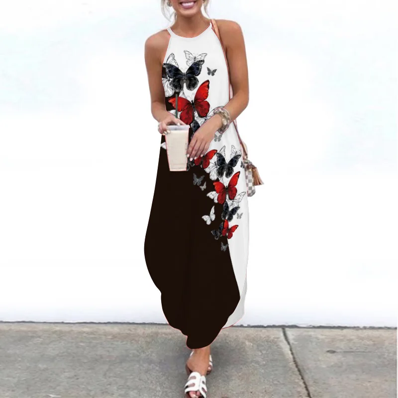 

2021 Summer Trend New Women's Dress Hot Sale Round Neck Slit Print Suspender Long Skirt
