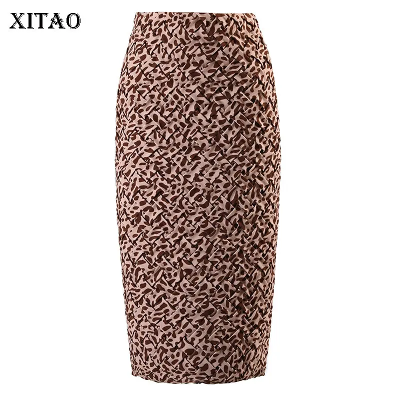 

XITAO Vintage Leopard Print Skirt Fashion Slim Weave Splicing Temperament Slit All-match Women 2021 Autumn New Skirt WMD3445