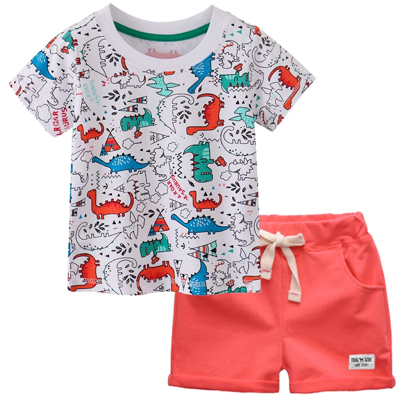 

BINIDUCKLING Summer Kids Girls Boys Clothes Set Dinosaur Printed Short Sleeve T-shirt Shorts Toddler Outfits Children Clothing