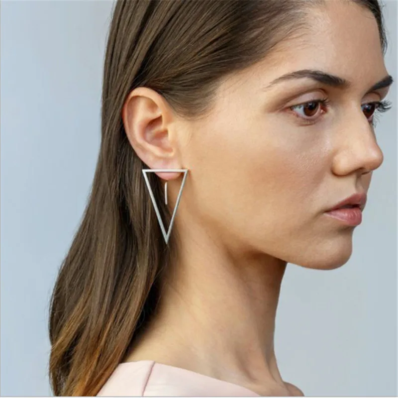 

Free Shipping Minimalism Geometry Triangle Shape Earrings For Women Gold Silver Color Simple Double Side Earring Jewelry Brinco