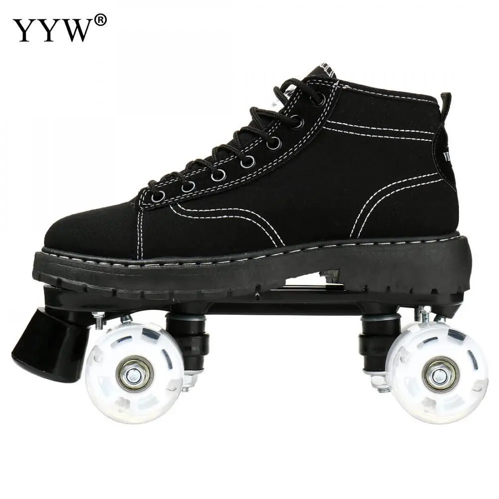 

2021 Black Double-Row Pulley Shoes Adult Men 4 Wheels Pu Leather Luminous Roller Skates Skating Shoes Sliding Sneaker Size 39-44