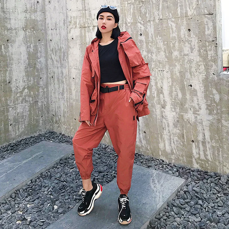 Spring and autumn new handsome Multi-pocket two-piece social spirit sets women's hip hop girl cool tide tooling suits wq2314