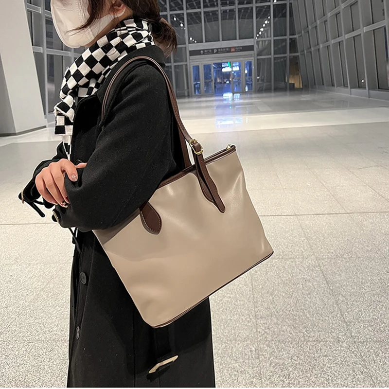 

Women Shoulder Bags Spring Winter Vintage Pu Leather Large Capacity Handbag Ladies Luxury Pure Color Tote Bag Travel Shopper Bag