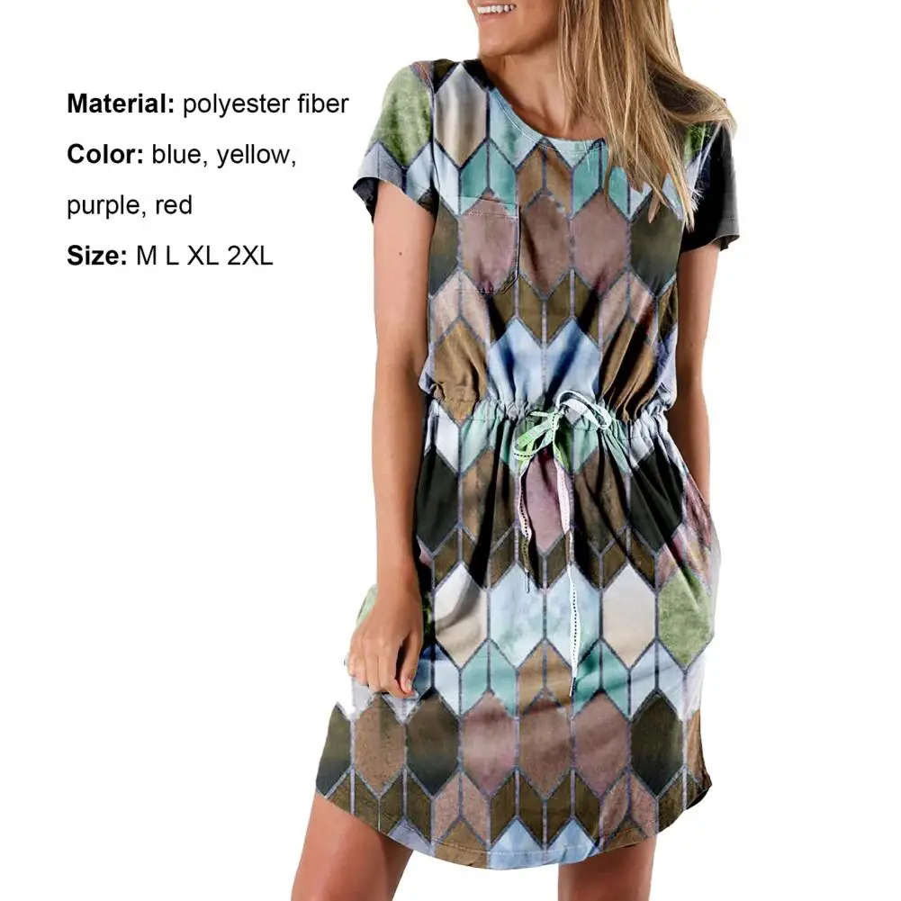 

Summer Women Dress Colored Rhombus Print Drawstring Short Sleeve Loose Skirt Street Style Dating Vintage Clothes ropa mujer