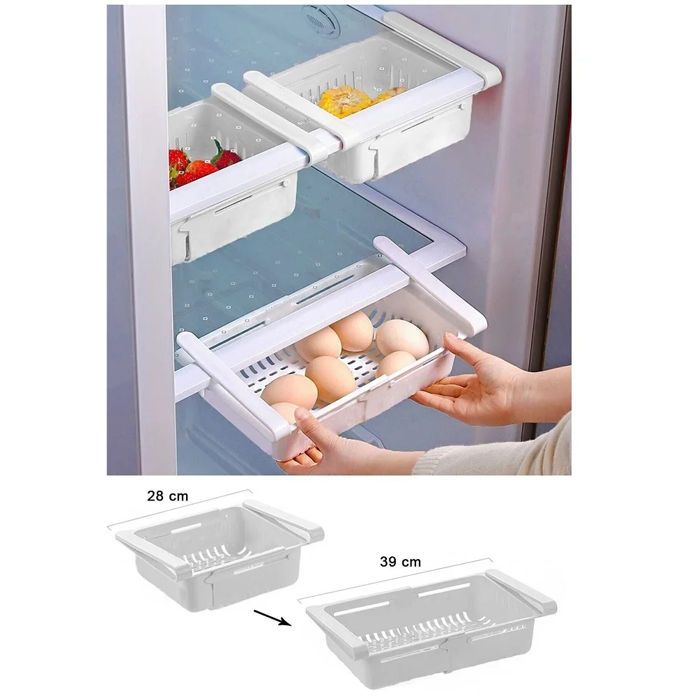 

Kitchen Refrigerator Organizer Basket Container Drawner Adjustable Storage Box Retractable Drawer Space Saver Slide Fridge Rack