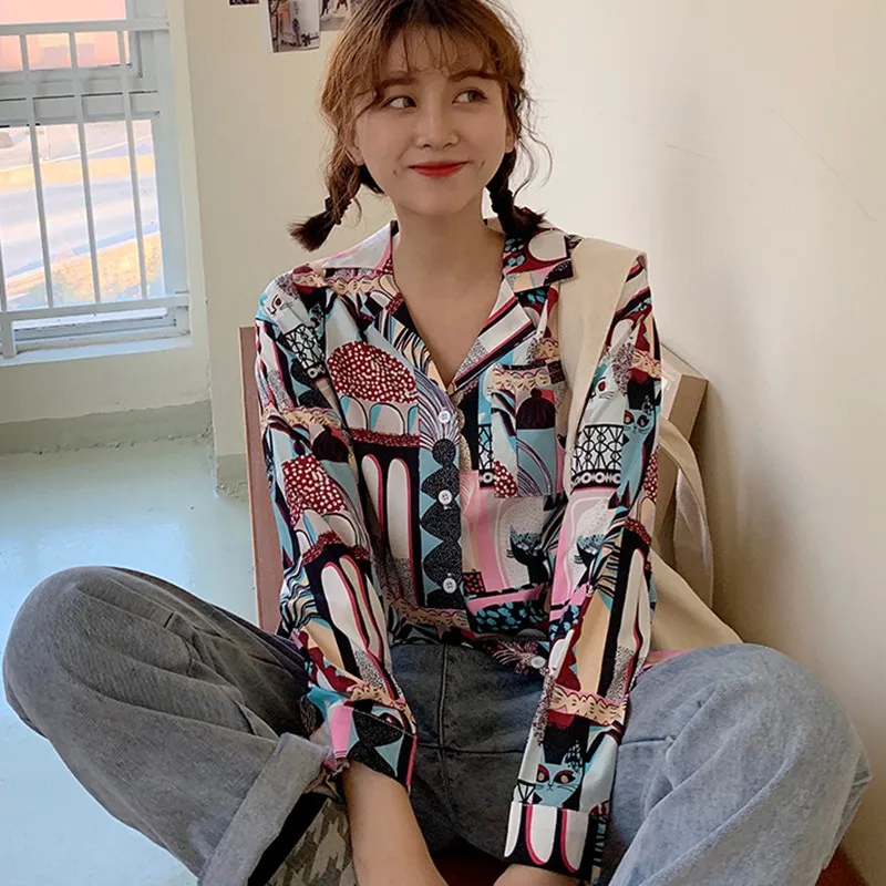 Женская свободная рубашка с длинным рукавом розовая в стиле Харадзюку милым