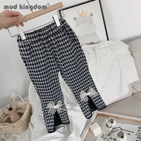 mudkingdom girls boot cut pants plaid split fork bow houndstooth trousers kids elastic waist clothes for children spring autumn