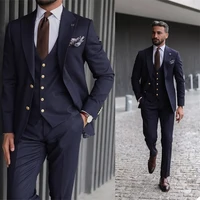 Красивые темно-синие деловые мужские костюмы курение Блейзер 3 предмета заостренный отворот однобортная куртка + жилет + брюки облегающие с...