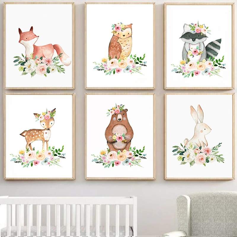 

Nordic Cartoon Animal Print Canvas Painting Cute Fox Owl Raccoon Bunny Deer Poster Children Room Wall Art Decor Nursery Picture