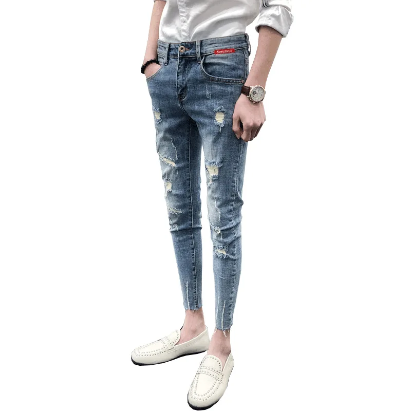 

Spring and summer 2021 fashion ripped denim jeans male fast hand celebrity spirit guy social man street teenager pencil pants