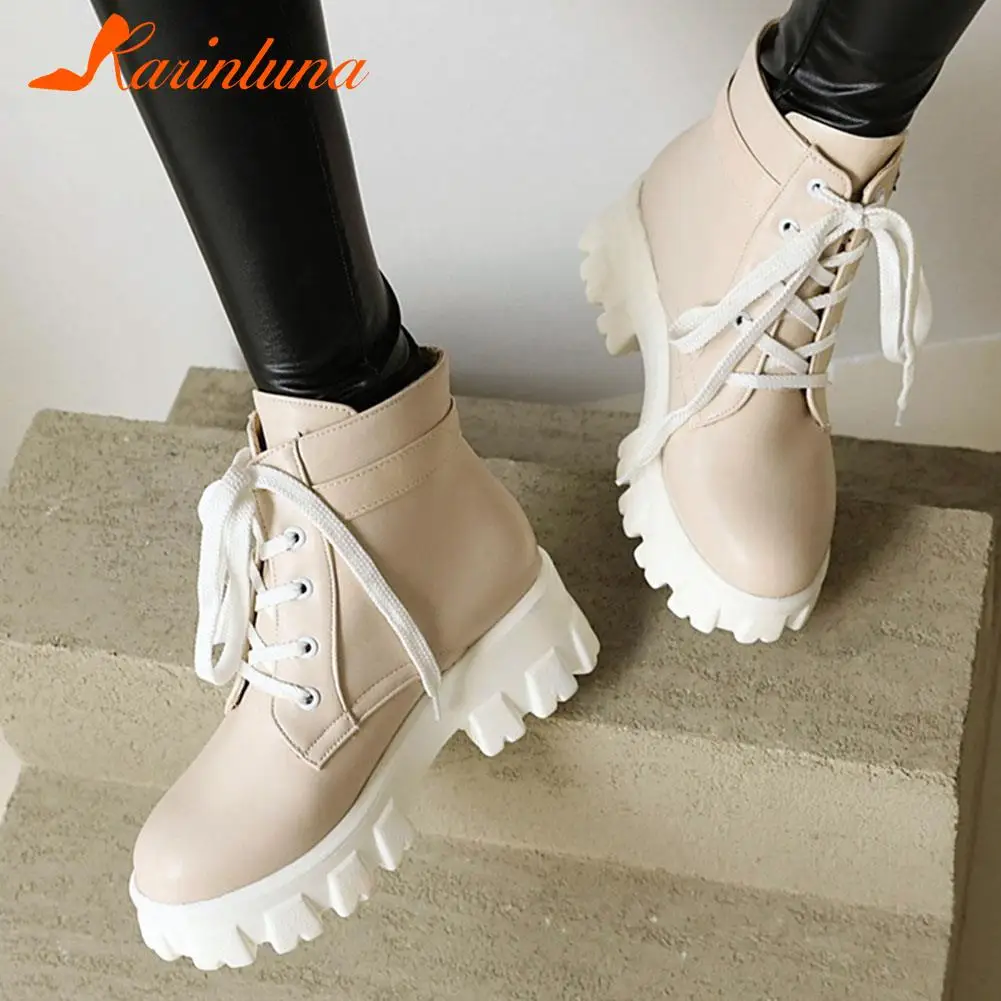 

Женские ботильоны с перекрестной шнуровкой Karinluna, ботинки на платформе и квадратном каблуке, с круглым носком, мотоциклетная обувь