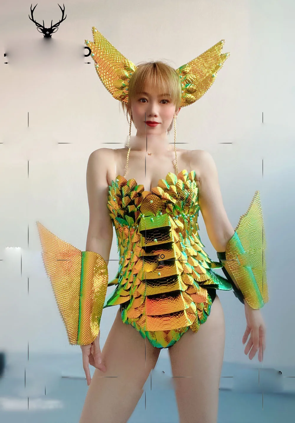 

Bar nightclub future technology fashion fish scale mermaid bodysuit gogo dancer costume rave festival Corset headpiece