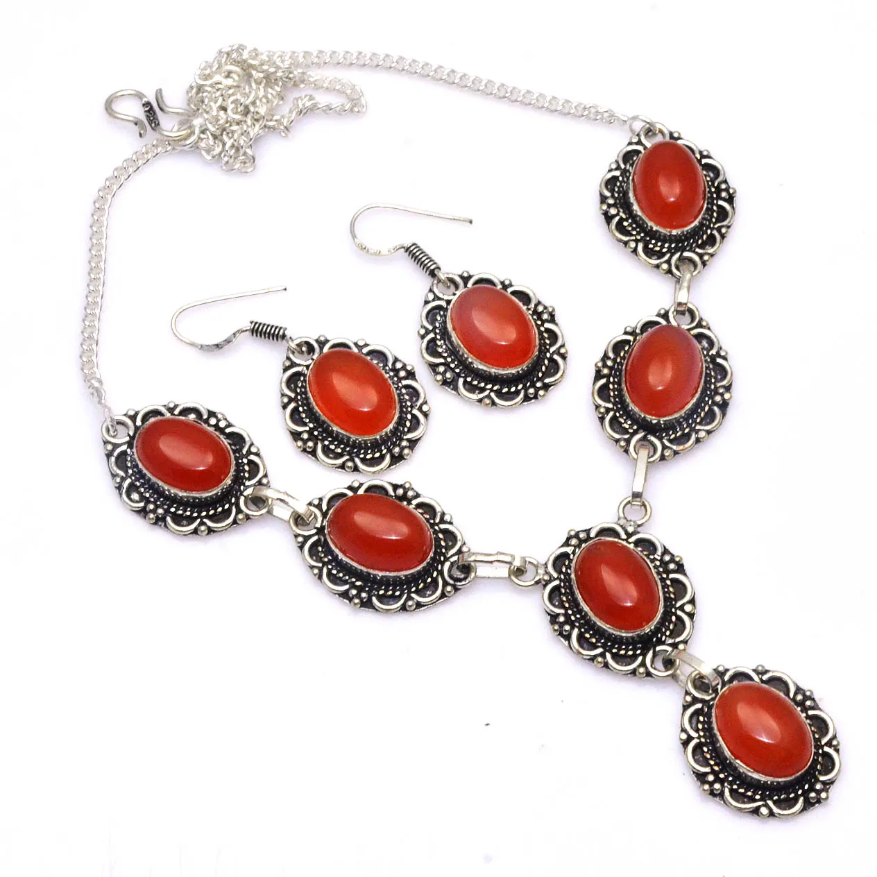 

Genuine Carnelian Necklace + Earings Silver Overlay over Copper, 49 cm , N4641
