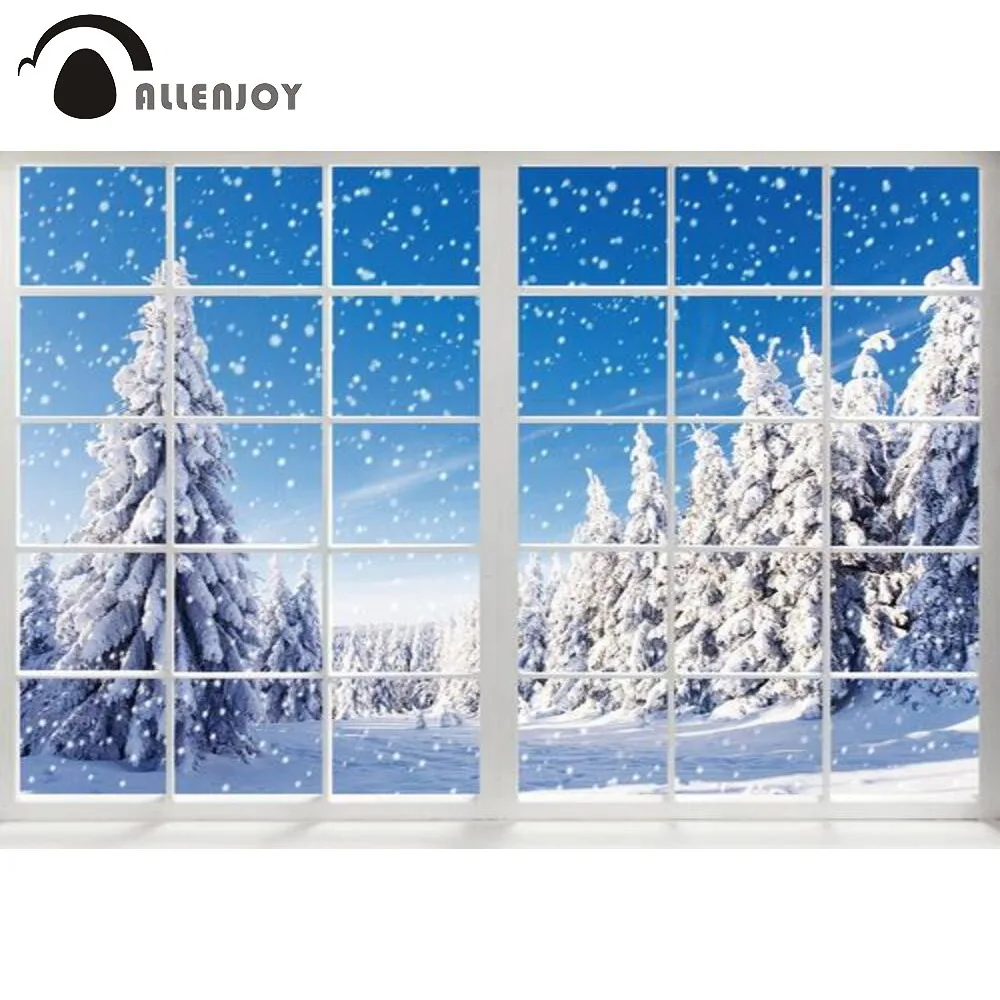

Allenjoy New Year Winter Background White French Windows Snowy Sky Trees Christmas Indoor Party Decoration Background Photozone