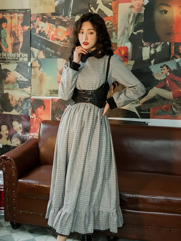 

Женское осенне-зимнее шерстяное длинное платье в клетку в винтажном стиле в стиле Викторианского французского королевского стиля с жилето...