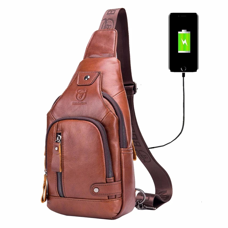 

BULL CAPTAIN Men Leather Vintage Crossbody Bags Riding Sling Chest Shoulder Messenger Bag with External USB Charging Port