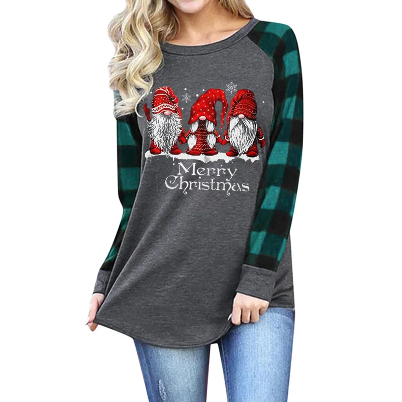 

Carney blouse Mary Christmas Santa Claus head snowflake print round neck long sleeve T-shirt