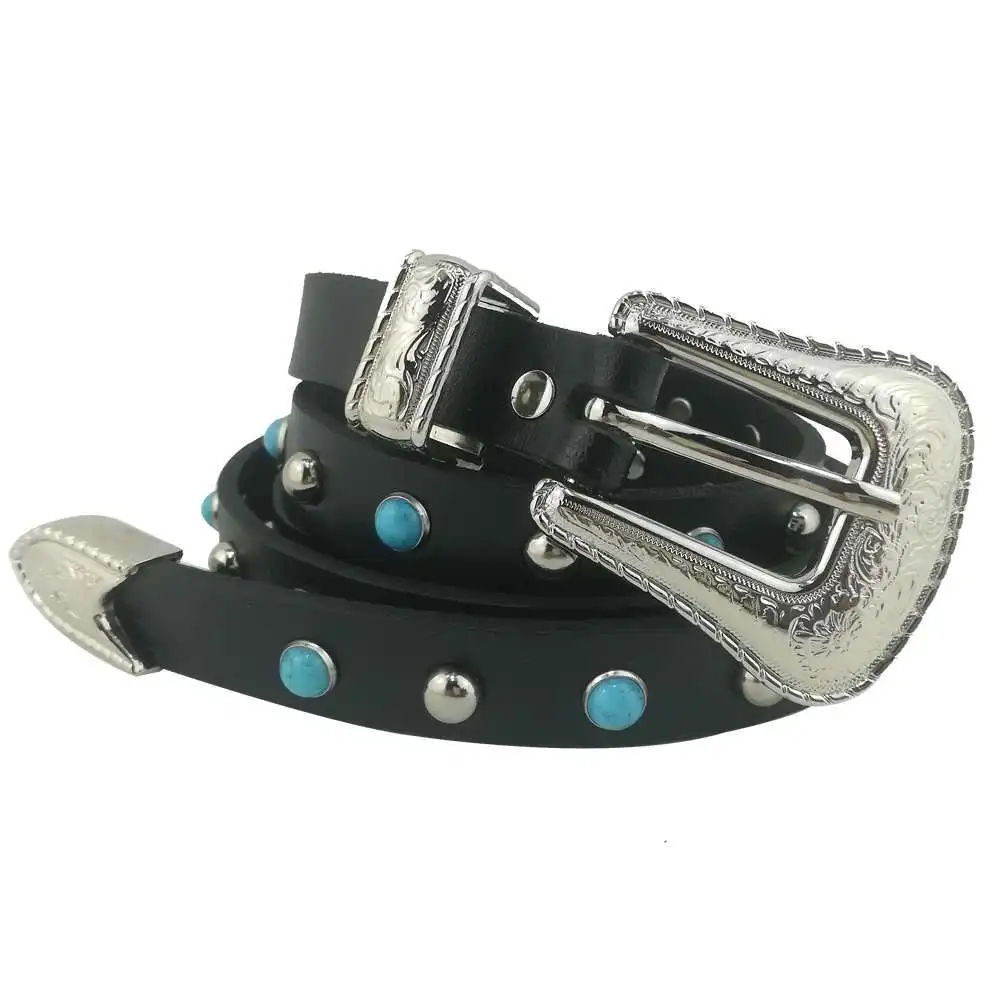 Узкий пояс из натуральной кожи в ковбойском стиле с бирюзовым камнем/серебристым