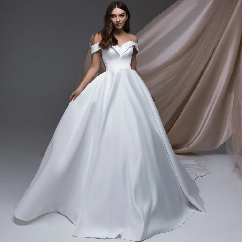 

2021 Gorgeous Satin Wedding Dresses Off the Shoulder Sleeveless Beading Sweep Train Bridal Gowns Vestido De Novia Mariee