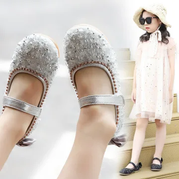 Girl leather shoes 2020 fall new water diamond sequin princess shoes girl fashion single shoes Children soft sole bean shoes2136