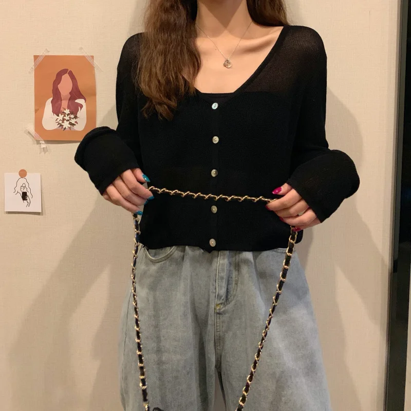 Женский тонкий кардиган с V-образным вырезом и длинным рукавом |