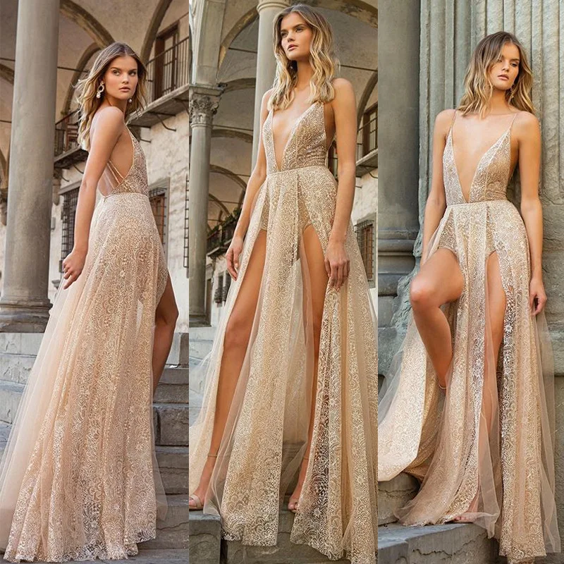 

Новинка 2019, Европейское и американское сексуальное кружевное платье с глубоким V-образным вырезом и открытой спиной