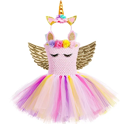 with headband Милое Пастельное платье-пачка принцессы с единорогом для девочек на день рождения с повязкой на голову с розовыми цветами; праздничный костюм с пони для девочек; комплект для праздников - Цвет: with headband
