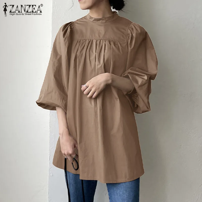 

Women Solid Blouses Female Tunic Chemise ZANZEA 2022 Stylish Spring Tops Oversize Casual Long Sleeve Holiday Blusas Oversized