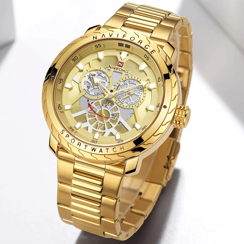 NAVIFORCE часы мужские модные золотые кварцевые наручные из нержавеющей стали