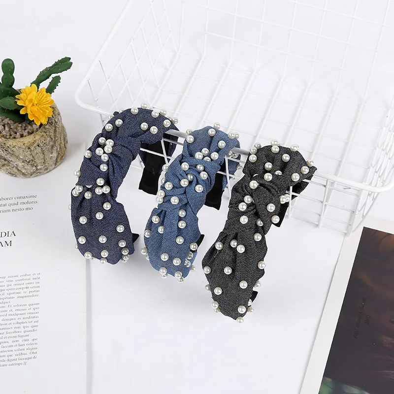 2020 Elegant New Style Pearl Hairband Solid Color Sweet Hair Ornament Girl Denim Knotted Hoop Fashion Accessories |
