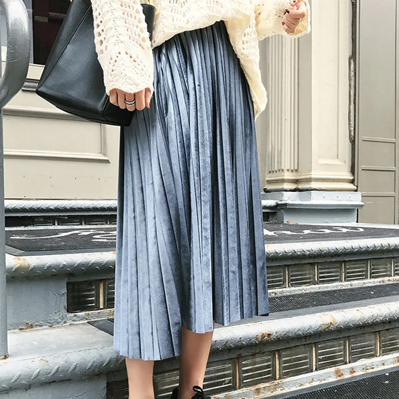Женская плиссированная юбка с эластичным поясом блестящая бархатная Свободная