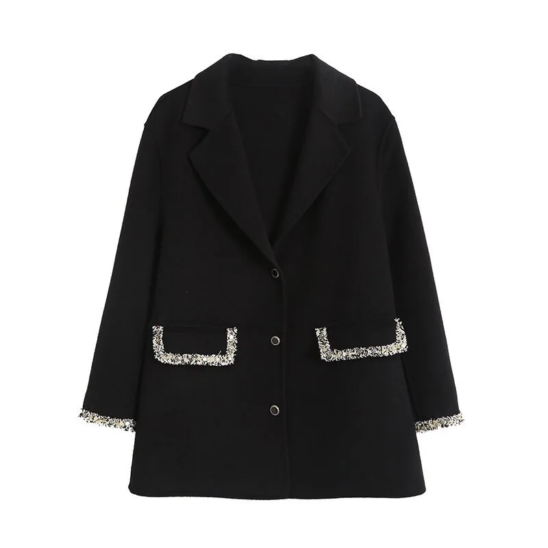 

2020 Winter Wool Solid Color Slim Conventional Black Thick Coat Single Breasted with Pocket Cuffs with Lace Decorative Fabric