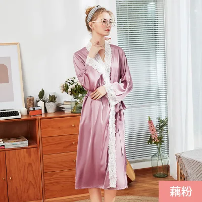 

Spring and summer silk plus size pajamas women thin long-sleeved lace sleepwear robe bathrobe / solid lace woman robe