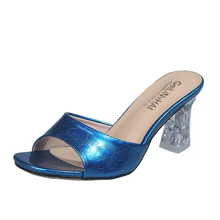 

Slippers Women Summer Female Shoes Slides Heeled Mules Jelly Flip Flops Med Square heel 2021 High Soft Glitter Block Scandals Ru