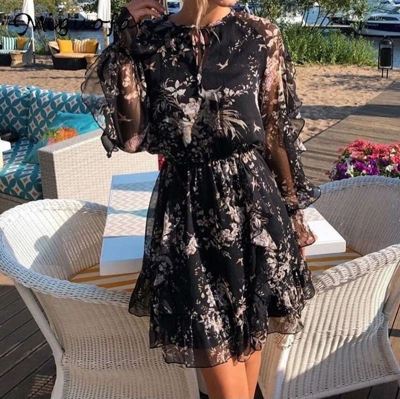 Женское платье с цветочным принтом Miguofan черное Бандажное платье-мини длинными