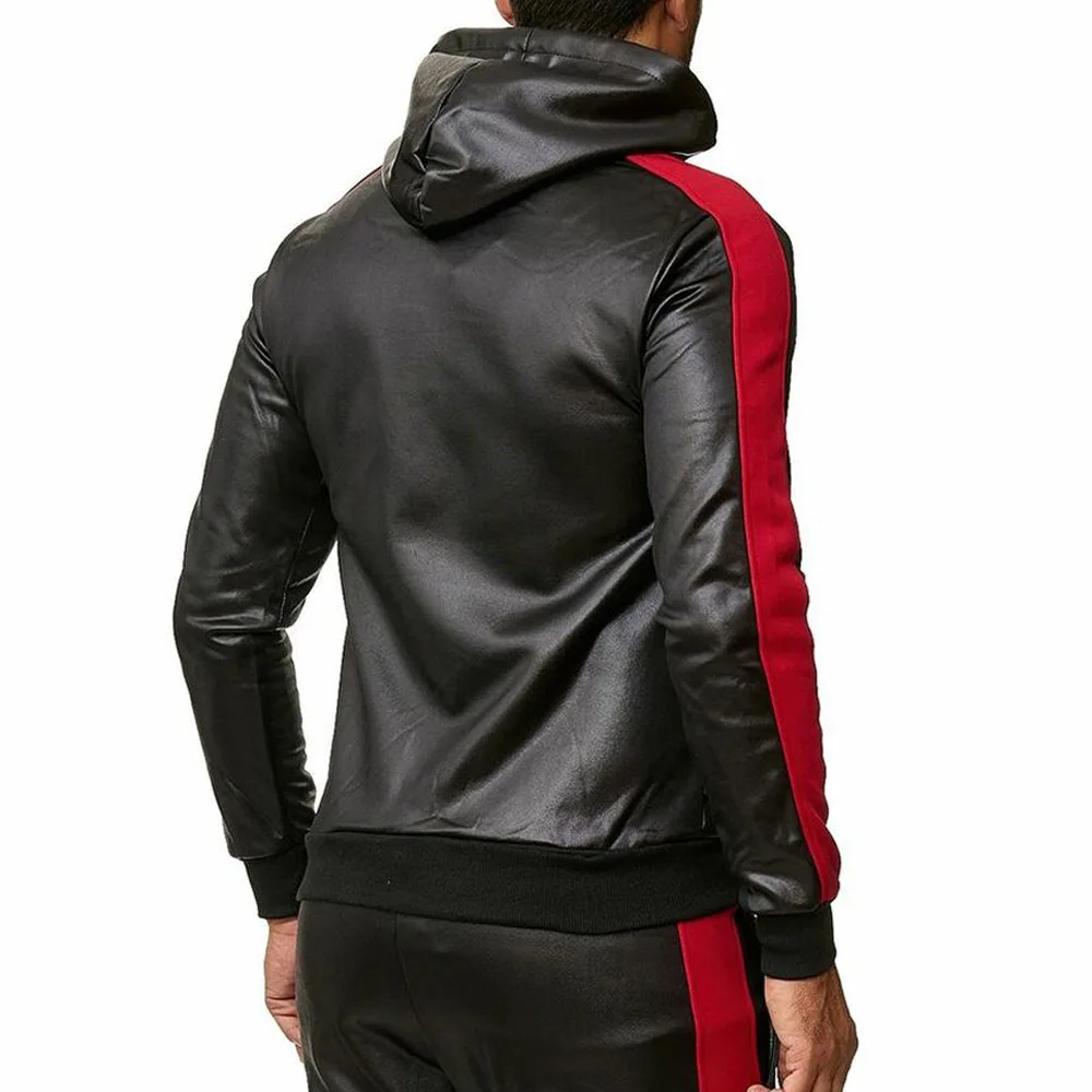 

PU Leather Men Tracksuit Hooded Men's Set Casual 2 Pieces Set Faux Leather Jacket+Pants 2020 Motorcycle Sports Suit Mens Clothes