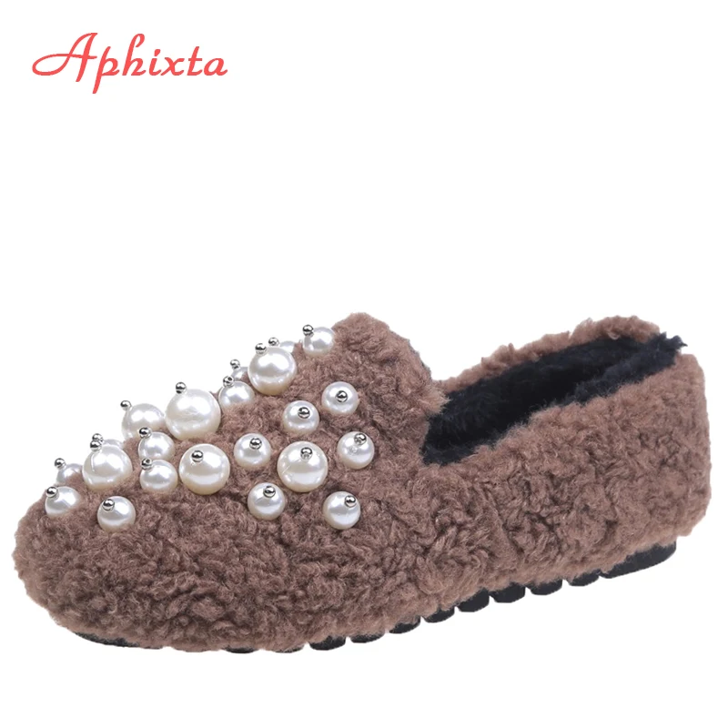 Модная обувь Aphixta на плоской подошве с жемчугом Зимняя Теплая для женщин 2020