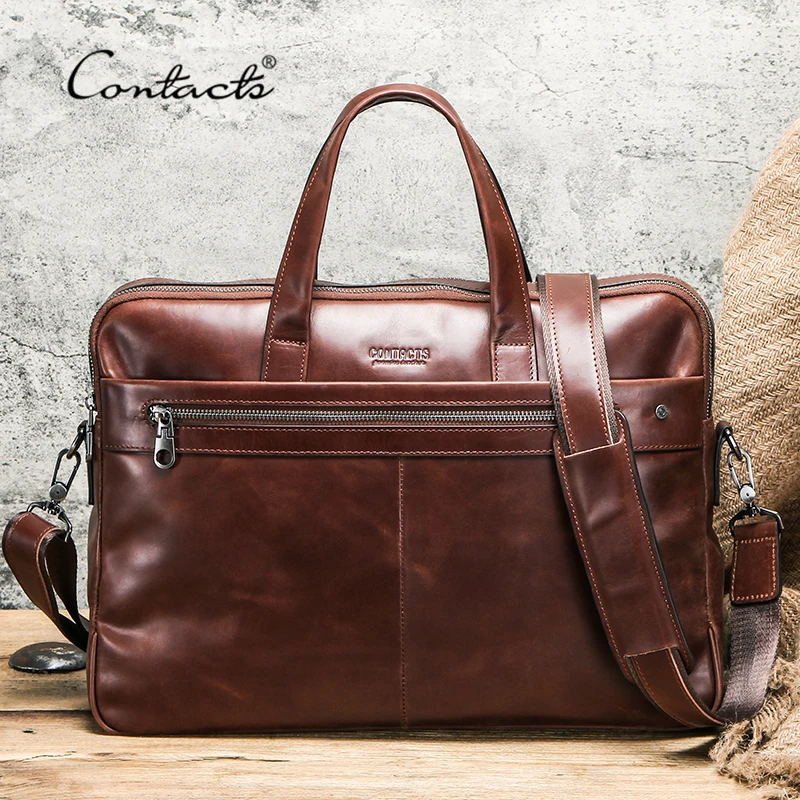 CONTACT'S Brand Designer Business Men Briefcase 100% Genuine Leather Laptop Bags for 14 inch Vintage Shoulder Bag Men Handbags