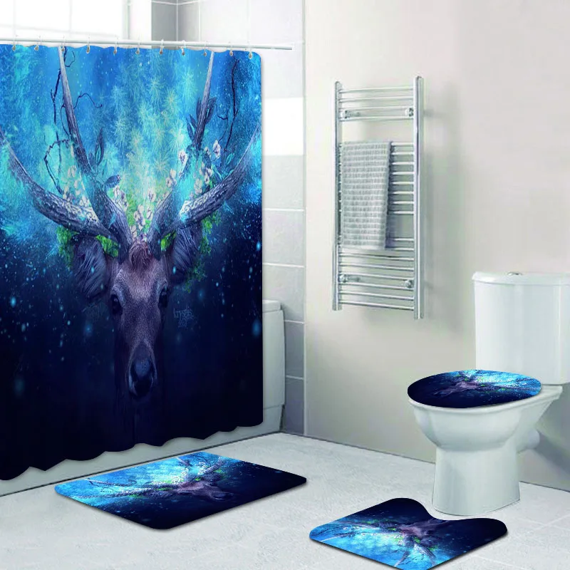 

Magic Glowing Floral Deer Shower Curtain Bath Mats Rugs Set for Bathtub Animal Art Elk Stag Bathroom Toilet Lid Home Decor Gift