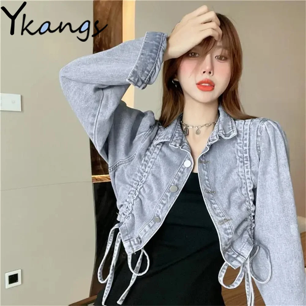 

Женская короткая джинсовая куртка на завязках, свободная облегающая куртка в Корейском стиле, верхняя одежда из синей джинсовой ткани, весн...