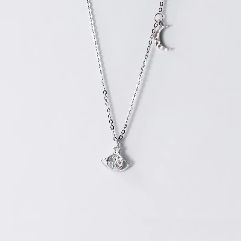

Ginin 925 Sterling Silver Necklace For Women Planet Moon Inlaid Zircon Clavicle Chain Korean Style Sweet Cute Choker Jewelry